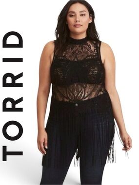 Torrid Black Floral Lace Fringe Sleeveless Boho Festival Top Tunic Size 2 (X2)